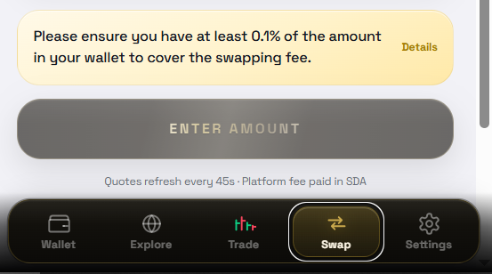 Hawk Wallet swap — 0.1% swapping fee paid in SDA